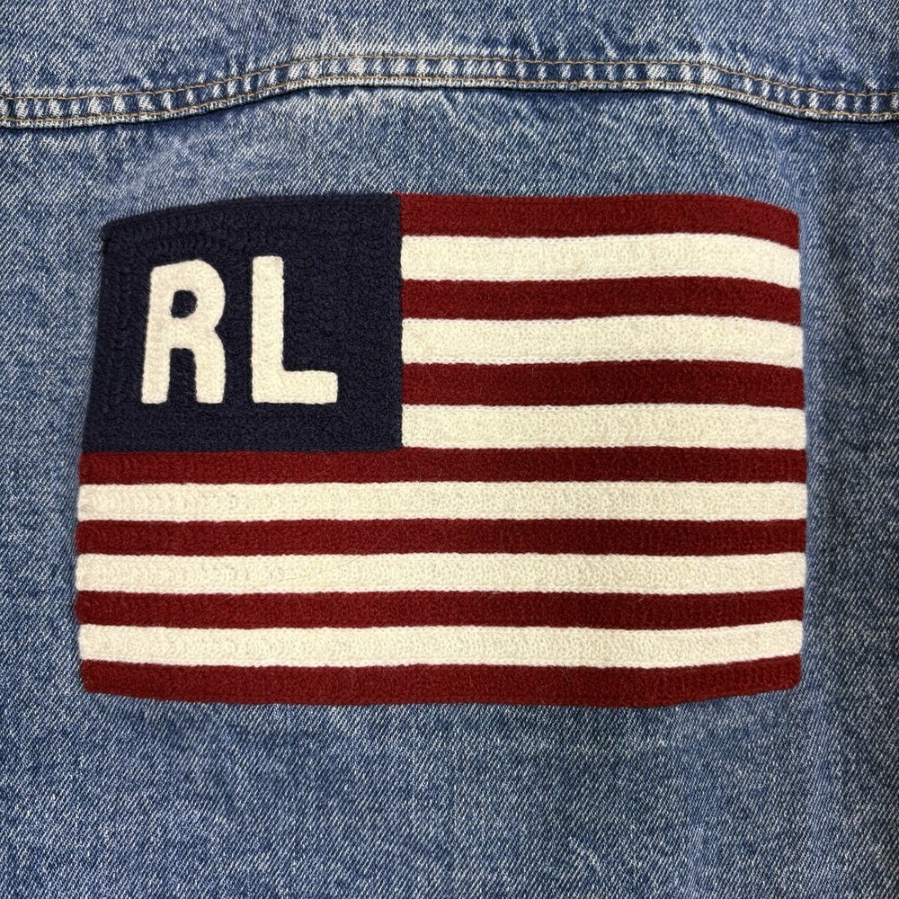 Vtg Ralph Lauren Polo Jeans Co Denim Jacket American Flag Patch Womens Sz L USA - Picture 9 of 14